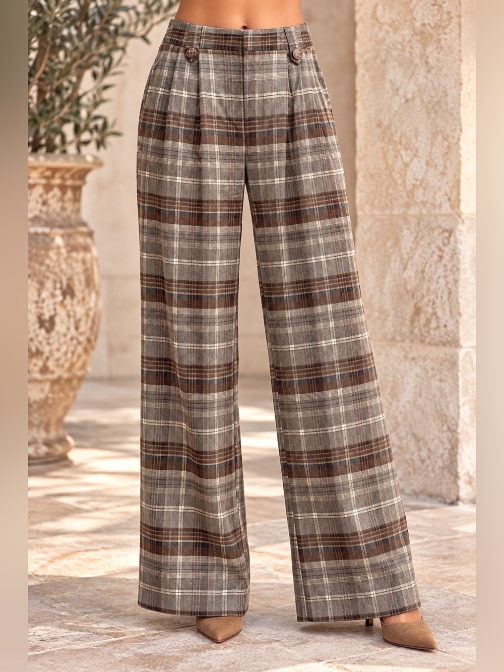 F13. Wide Leg Plaid Trousers in Brown and Gray
